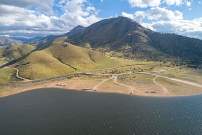 Isabella lake in california. beautiful cloudy sky and mountain in background. bright sunny day