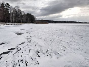 Scenic view of snow covered land against sky