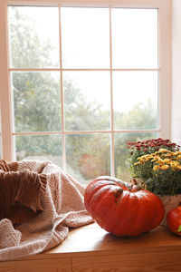 Autumn cozy home, window with pumpkins, flowers and scarf