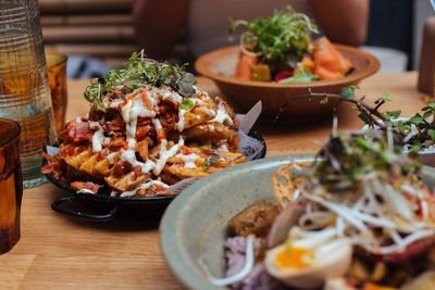 Close-up of food served on table