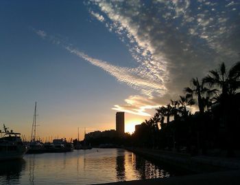 Reflection of buildings in river at sunset