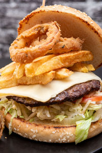 Close-up of burger with french fries in plate