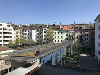 Buildings in city against clear blue sky