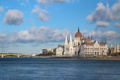 Buildings at waterfront against cloudy sky