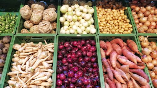 High angle view of vegetables for sale at market stall