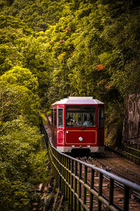 Red train on railroad track