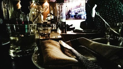 Close-up of beer glass on table