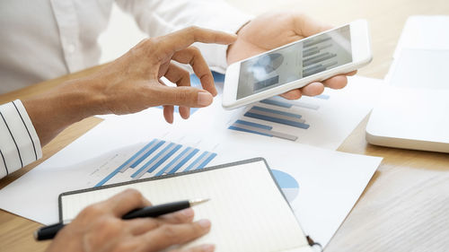 High angle view of business people working on table