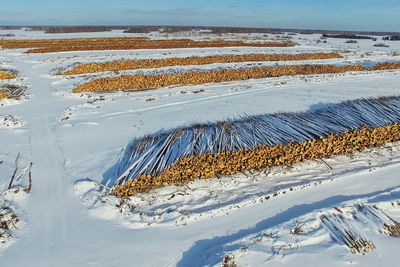 Aerial view of snow covered land