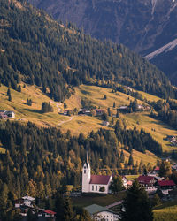 High angle view of townscape against mountain