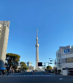 City street with buildings against blue sky