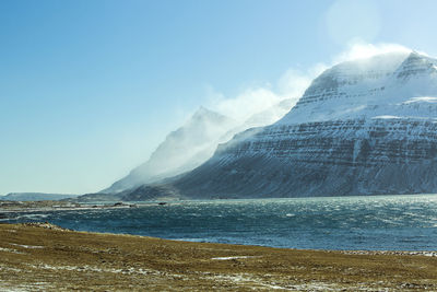 Snowy mountain landscape in east iceland, wintertime