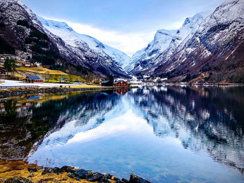 Scenic view of lake by snowcapped mountains against sky