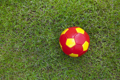 High angle view of soccer ball on field