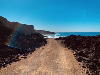 Scenic view of sea against clear blue sky