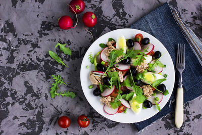 High angle view of tomatoes in plate on table