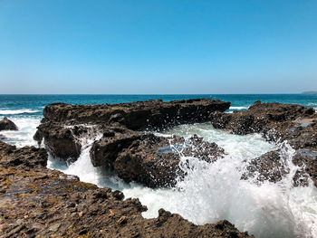 Scenic view of sea waves against clear sky