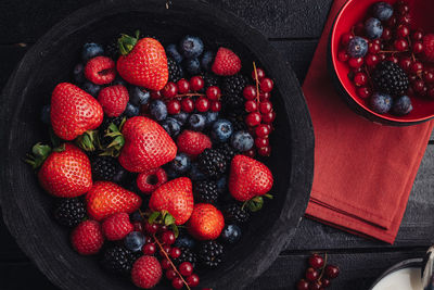 High angle view of strawberries in bowl