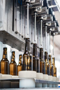 Brown glass bottles are ready to be filled with beer