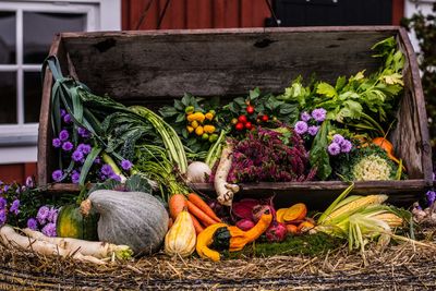 Close-up of flowers in basket at market