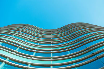 Low angle view of modern building against clear blue sky