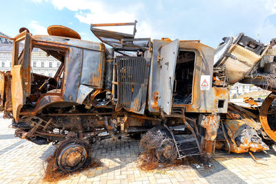 Destroyed rusty russian military equipment in the city square for viewing. kyiv, ukraine.