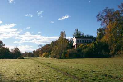 Trees and houses on field against sky