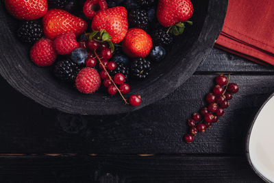 High angle view of strawberries in bowl on table