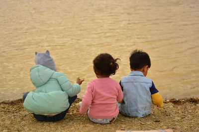 Rear view of boys sitting on beach