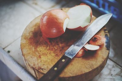 High angle view of chopped on cutting board