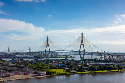 View of bridge over river against cloudy sky