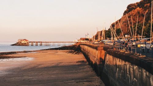 Scenic view of bay against clear sky