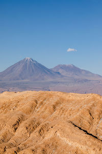 Scenic view of snowcapped mountains against clear blue sky