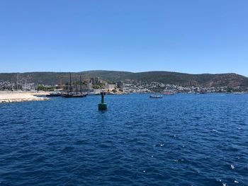 Scenic view of sea against clear blue sky