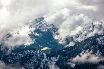 Aerial view of snowcapped mountains against sky