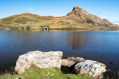 Scenic view of lake and mountains against sky