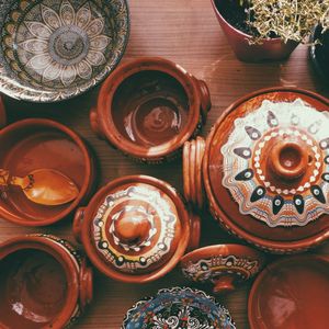 High angle view of various objects on table