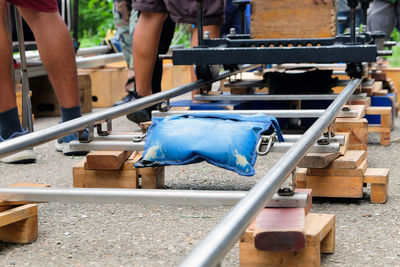 Detail of dolly track for camera equipment,film shoot,behind the scene, film crew production