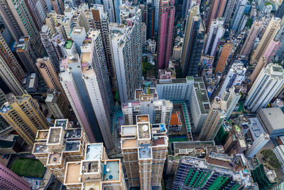 High angle view of modern buildings in city