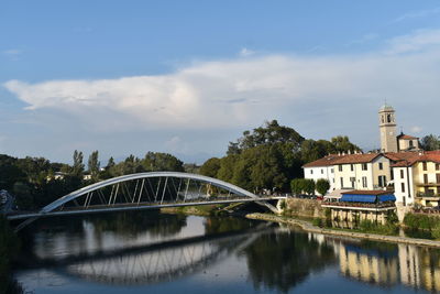 Bridge over river by buildings against sky in city