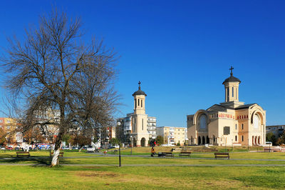 Trees and buildings against blue sky