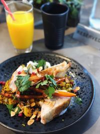 High angle view of breakfast on table