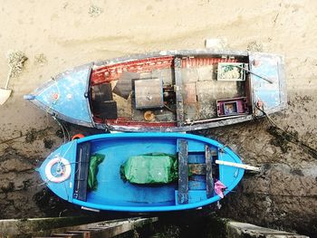 High angle view of abandoned ship on beach