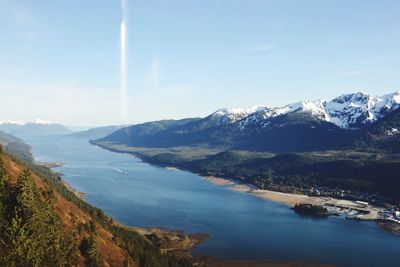 Scenic view of lake and mountains against sky