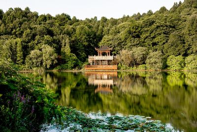 Scenic view of temple by a lake