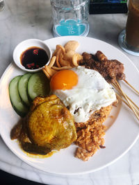 High angle view of breakfast served on table