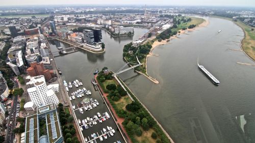 High angle view of boats at harbor