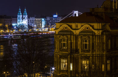 Illuminated buildings at night