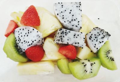 High angle view of strawberries on table