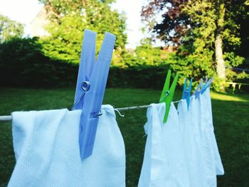 Close-up of clothes drying on clothesline